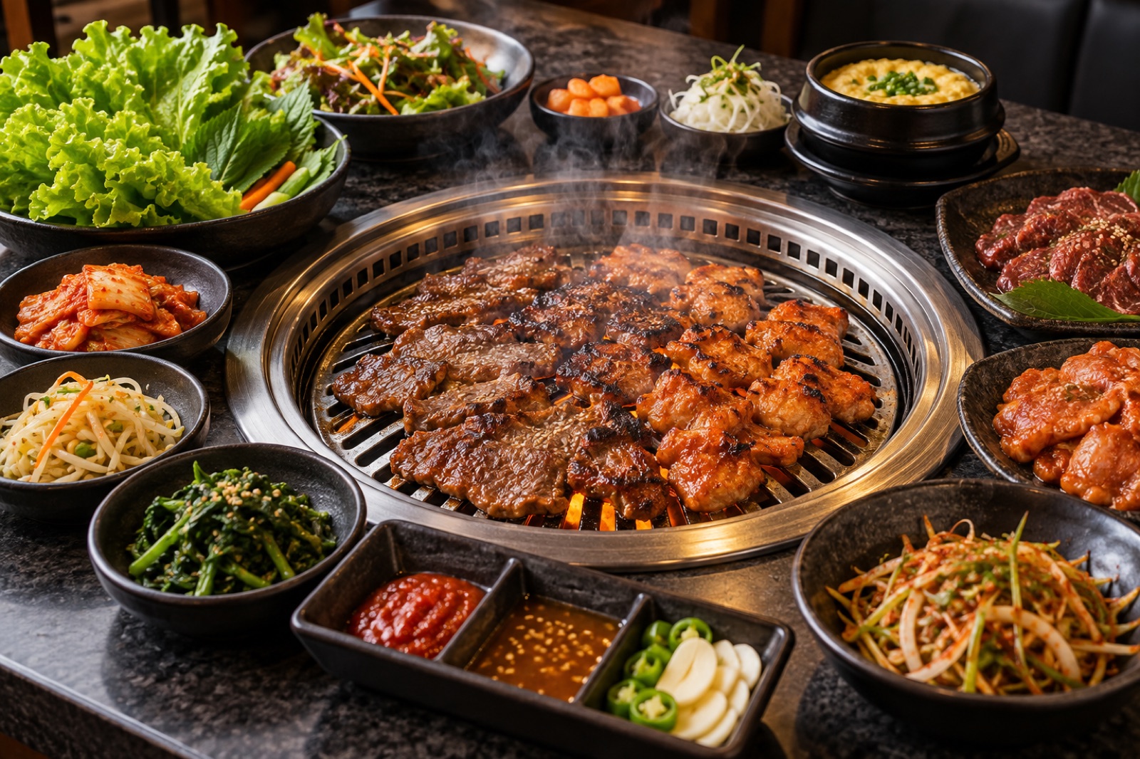 Visual konsep Korean BBQ dengan pilihan daging dan banchan